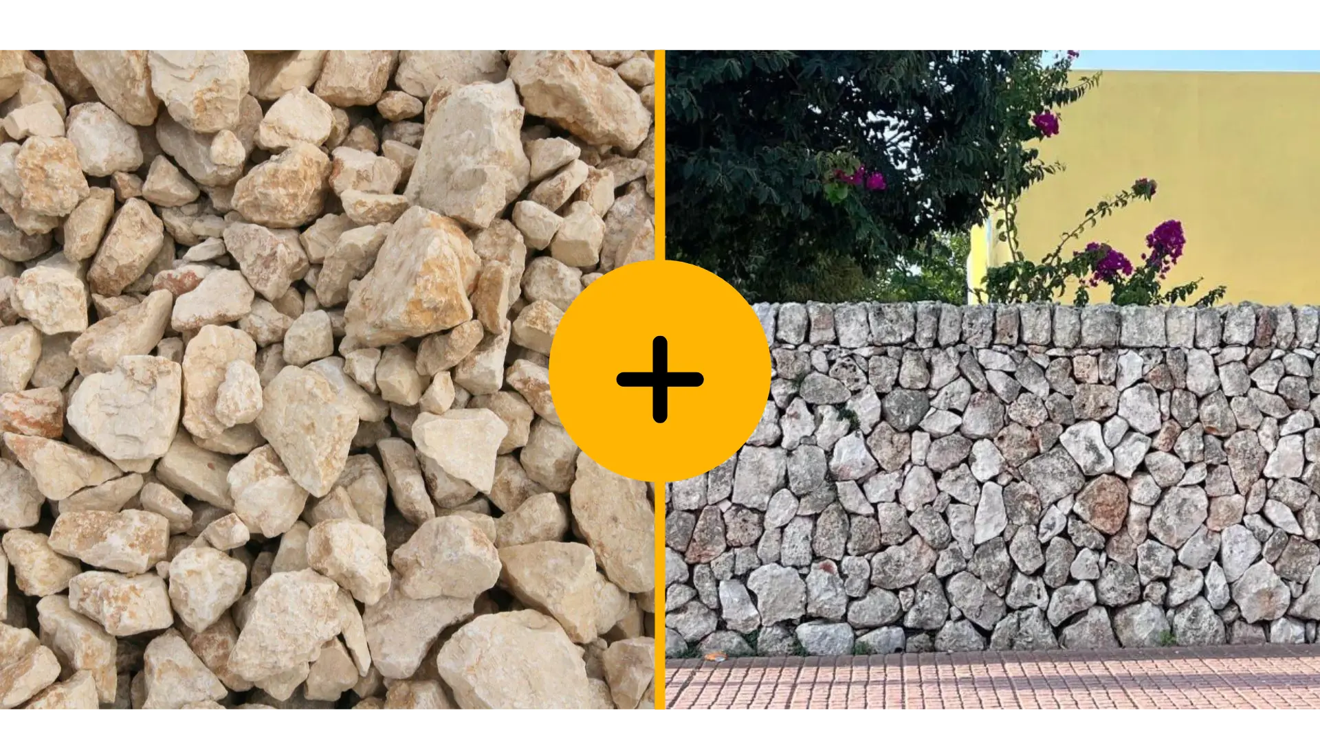 Combinación de una imagen de rocas amarillo saturno y un muro de piedra seca.