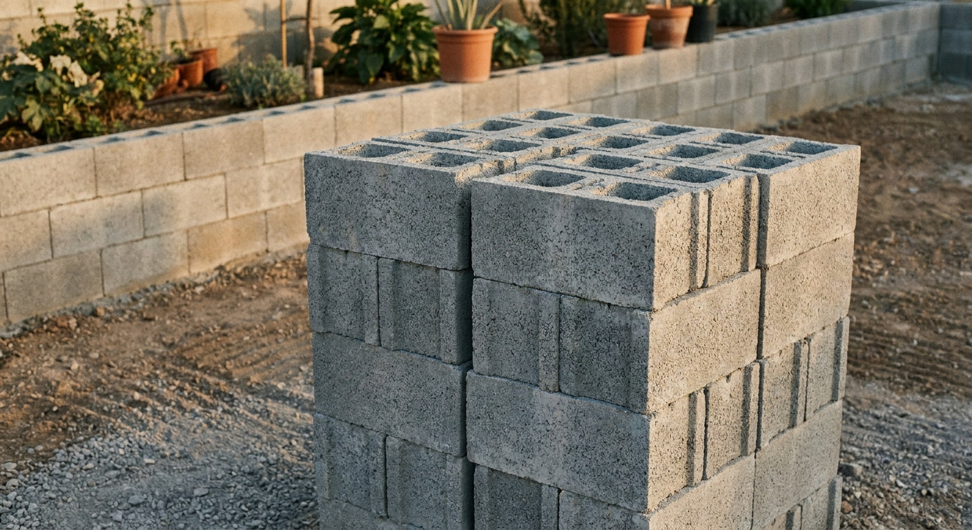 Stacked grey concrete hollow blocks on a construction site with a finished garden wall in the background under warm afternoon light.