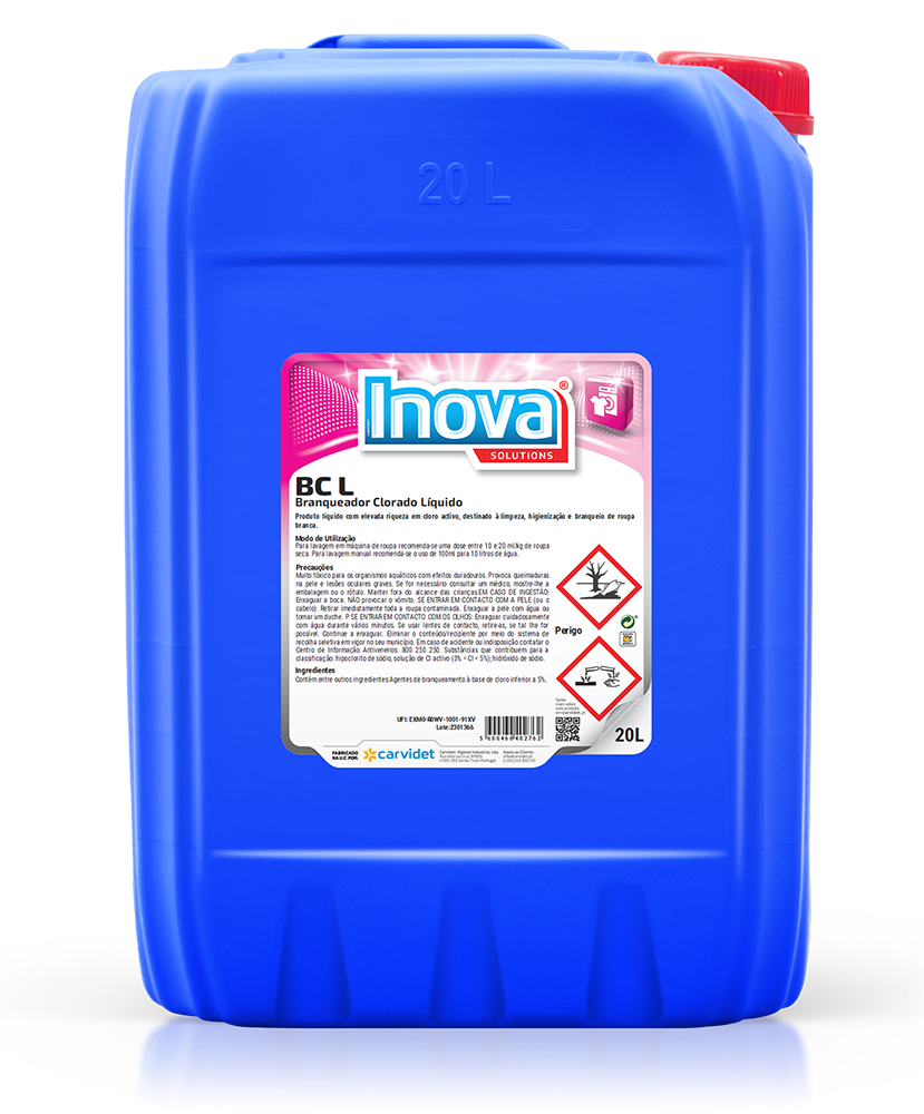 Blanqueador clorado BC L Carvidet en bidón de 20 L, para blanquear e higienizar ropa blanca - Vetonek