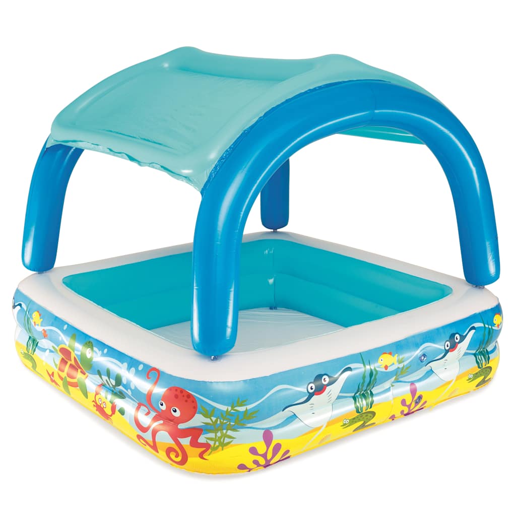 Piscina de juegos con toldo azul 140x140x114 cm ideal para disfrutar en el jardín.