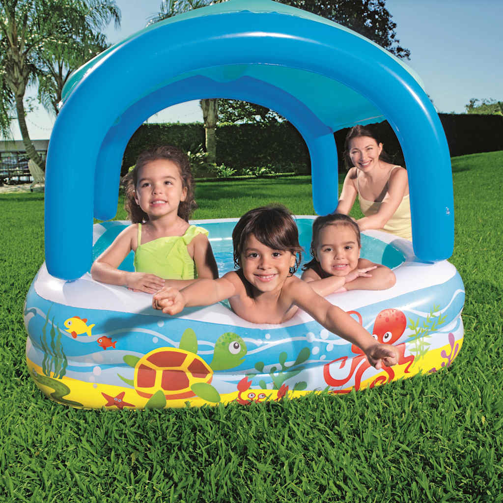 Piscina de juegos con toldo azul de 140x140x114 cm ideal para el jardín y actividades al aire libre.
