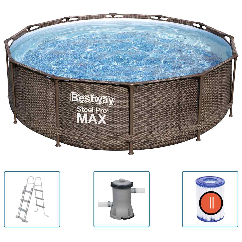 Piscina redonda de acero Pro MAX Deluxe de 366x100 cm ideal para jardines y exteriores.