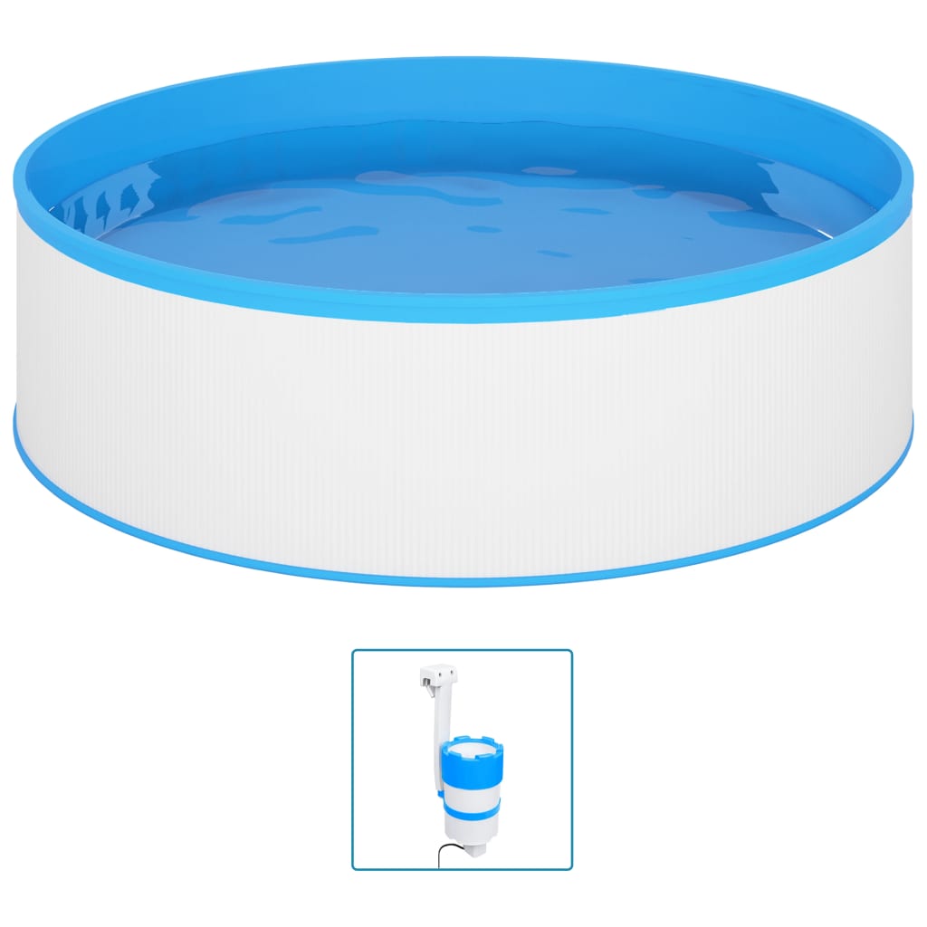 Piscina de chapoteo de acero y PVC en color blanco y azul, ideal para jardines y espacios exteriores.