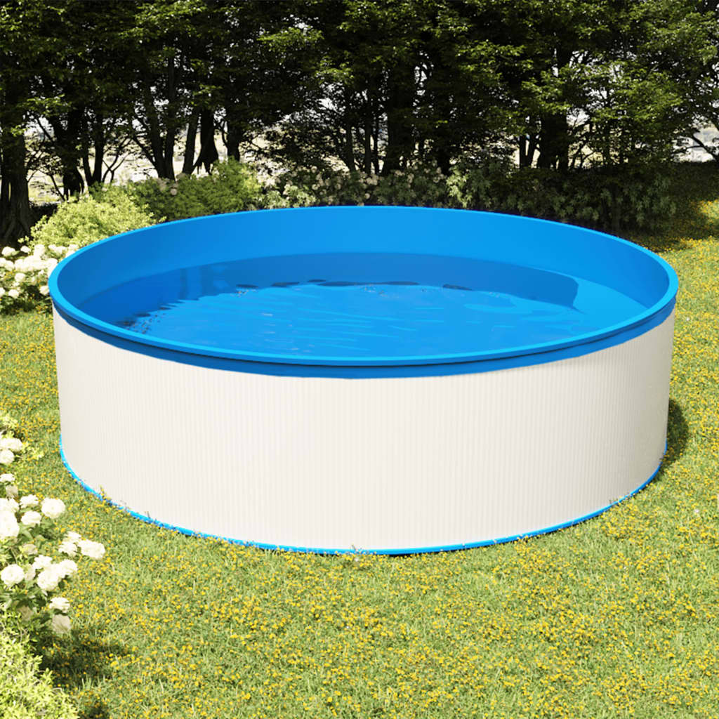 Piscina de chapoteo de acero y PVC blanco y azul, ideal para jardines y espacios exteriores.