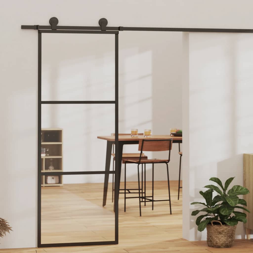 Puerta Corredera 3 Paneles ESG Vidrio y Aluminio Negra 76x205 cm