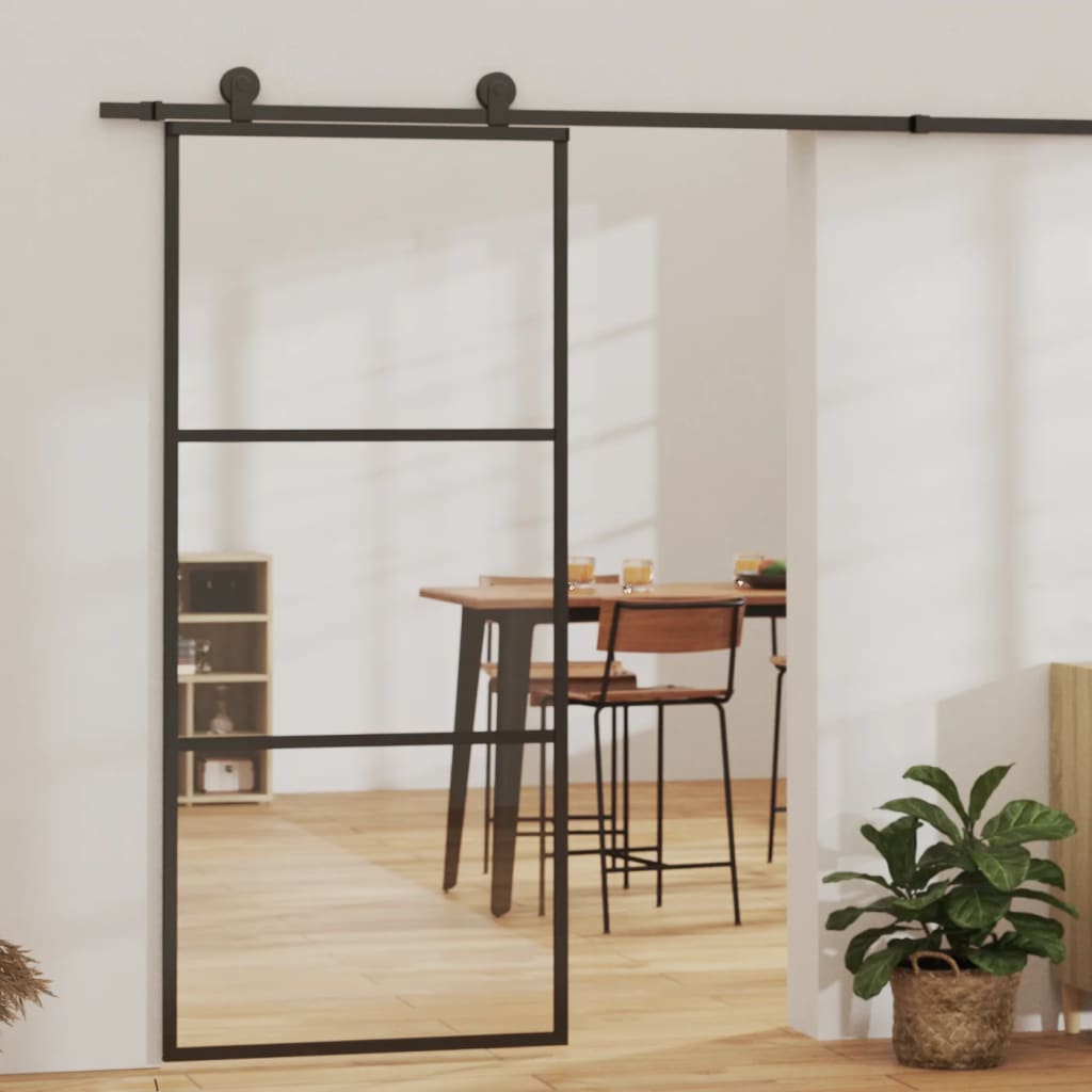 Porte coulissante en verre ESG 90x205 cm — aluminium et ferrures noires 