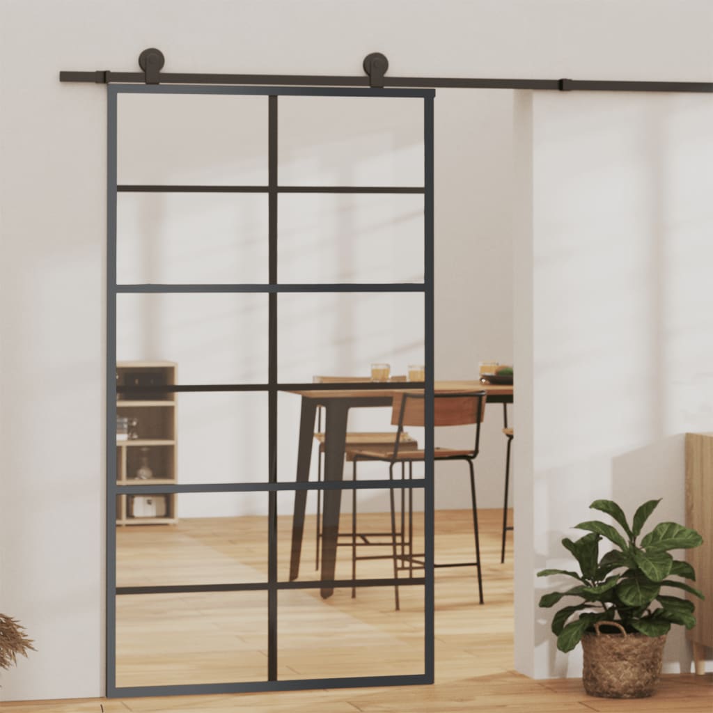 Porte coulissante en verre ESG 102x205 cm — aluminium et ferrures noires 