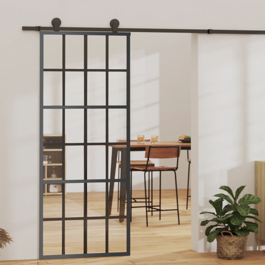 Porte coulissante en verre ESG 76x205 cm — Aluminium et ferrures noires 