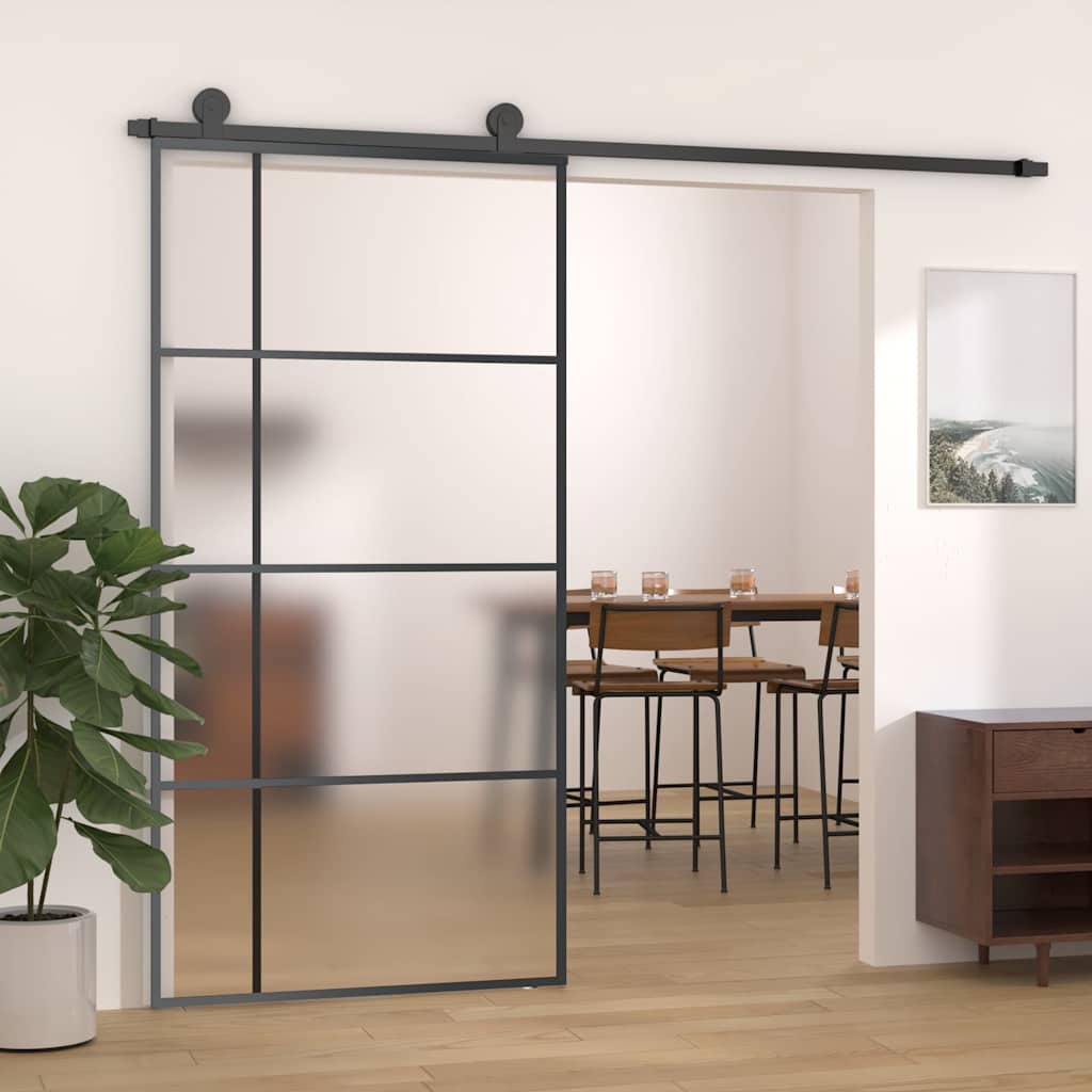 Puerta Corredera ESG Vidrio Esmerilado y Aluminio Negra 102,5x205 cm