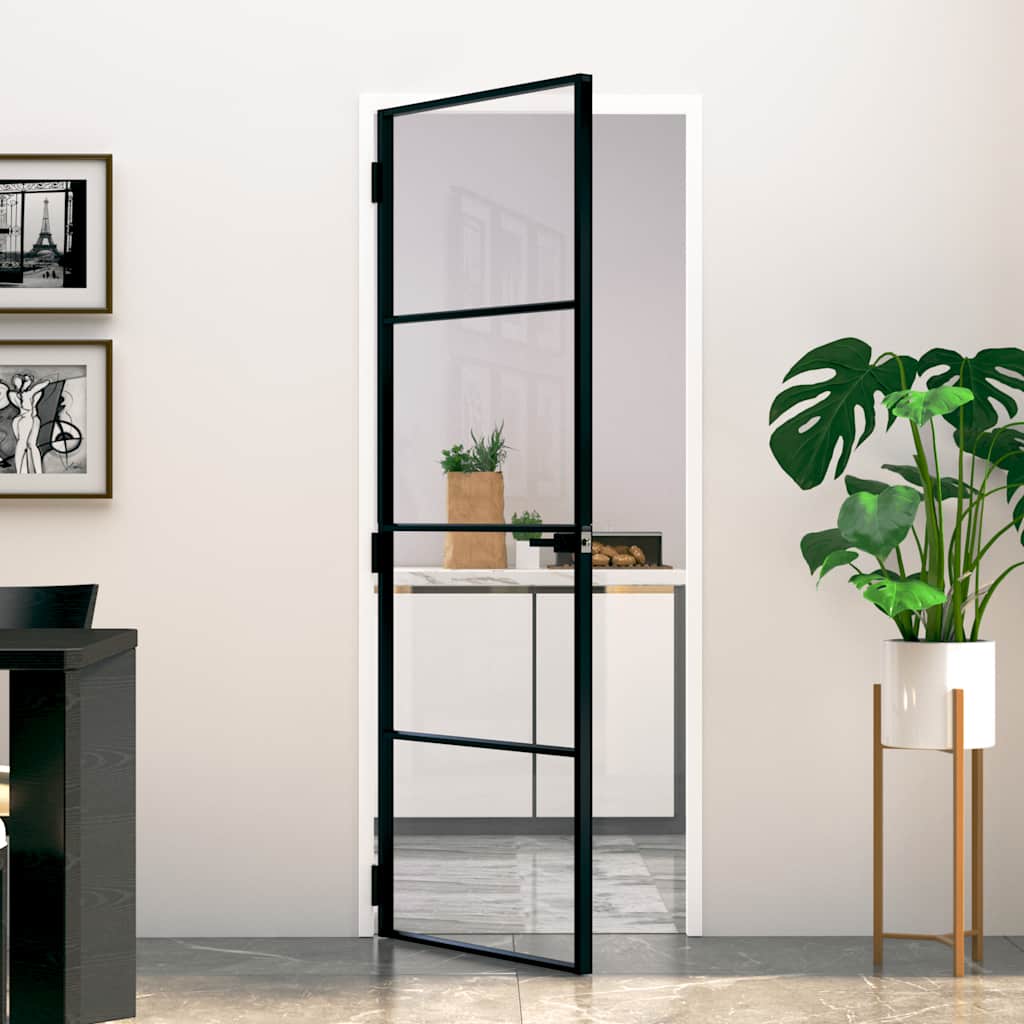 Porte intérieure en verre trempé et aluminium noir 76x201,5 cm 