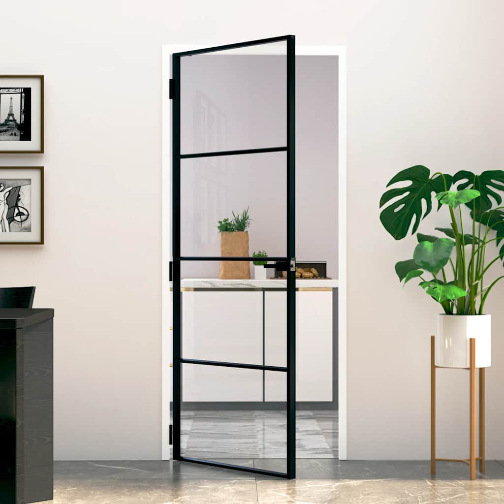 Porte intérieure en verre trempé et aluminium noir 83x201,5 cm 