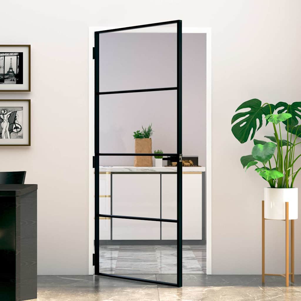 Porte intérieure en verre trempé et aluminium noir 93x201,5 cm 