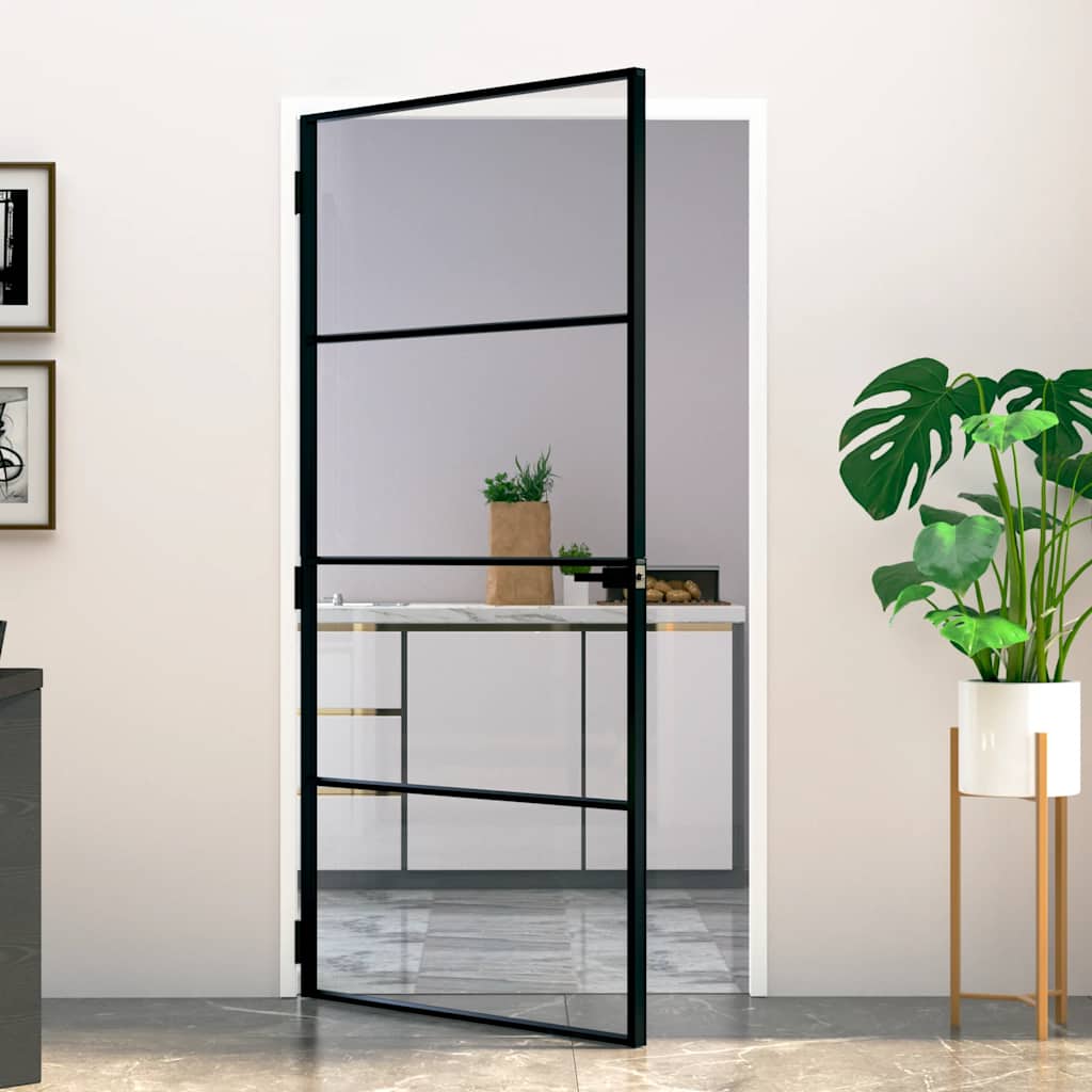 Porte intérieure en verre trempé et aluminium noir 102x201,5 cm 