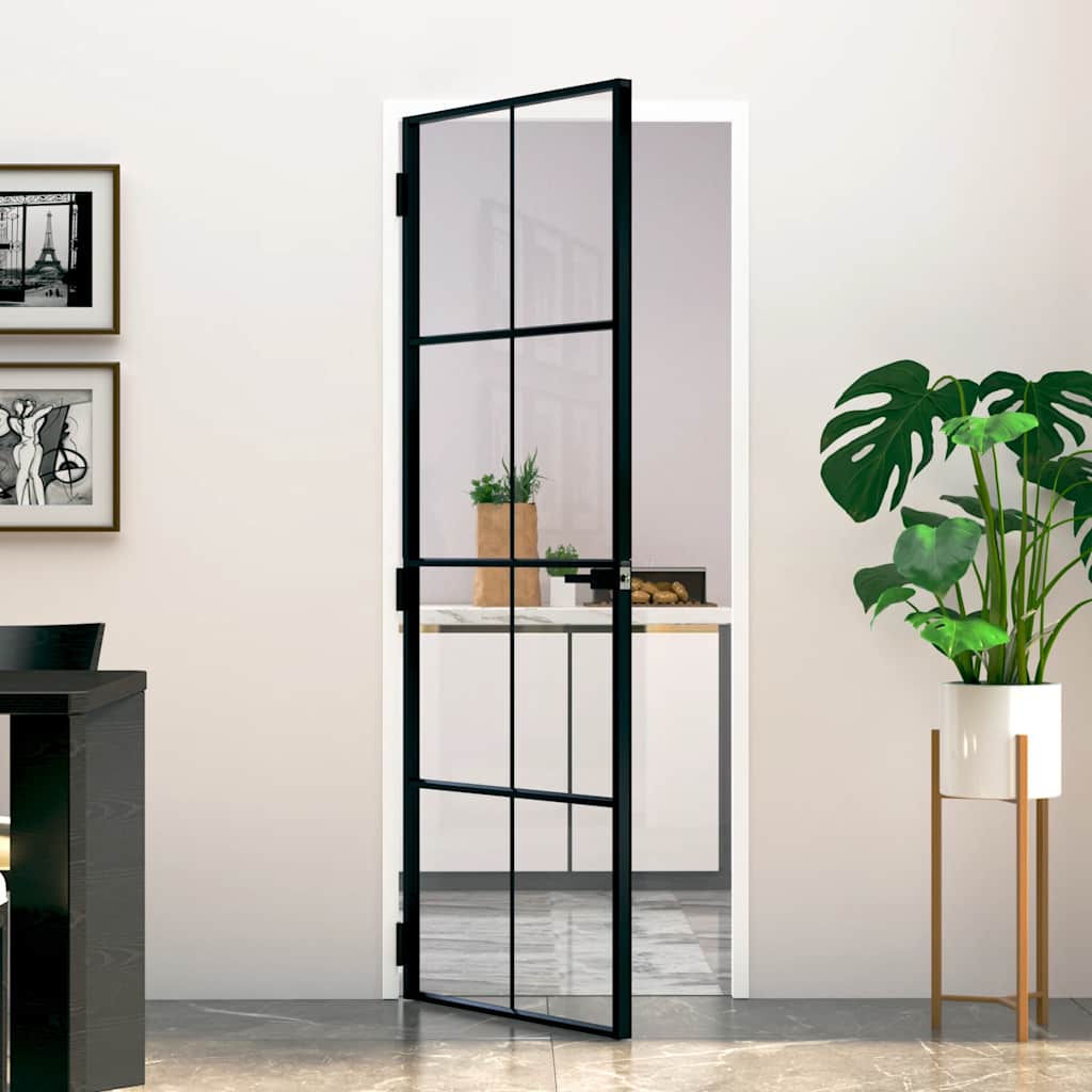 Porte intérieure en verre trempé et aluminium noir 76x201,5 cm 