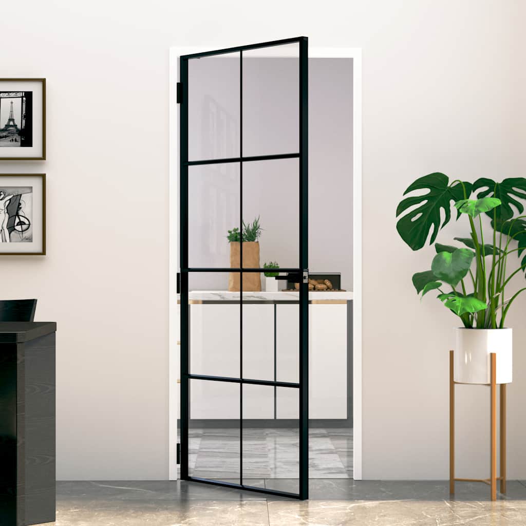 Porte intérieure en verre trempé et aluminium noir 83x201,5 cm 