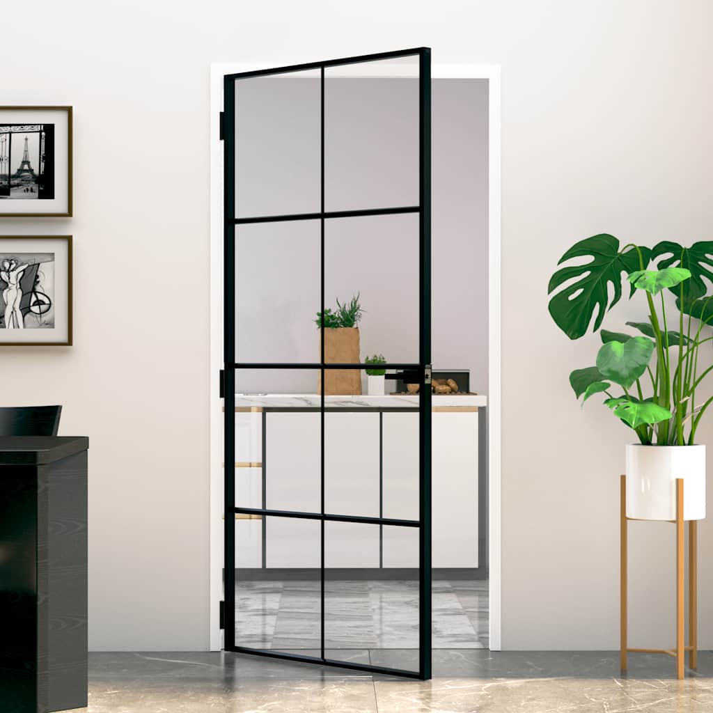 Porte intérieure en verre trempé et aluminium noir 93x201,5 cm 