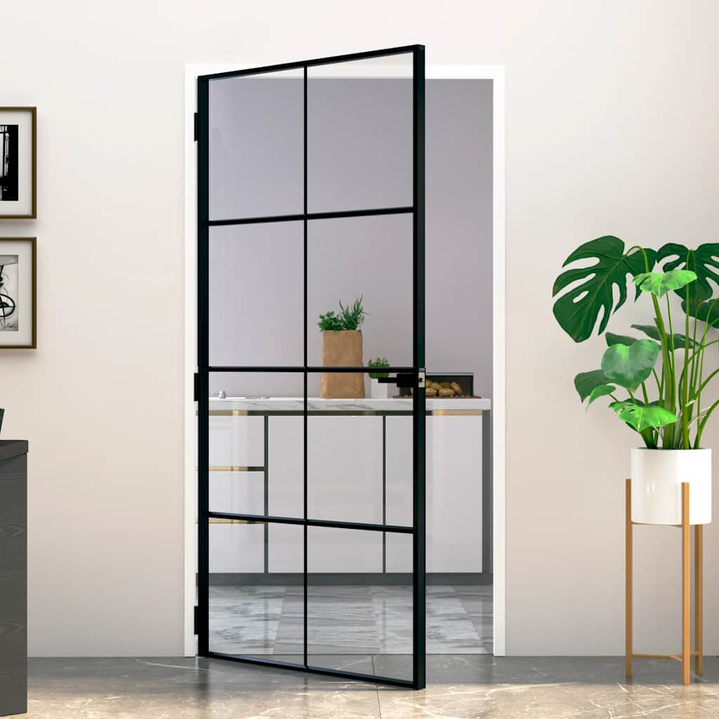 Porte intérieure en verre trempé et aluminium noir 102x201,5 cm 