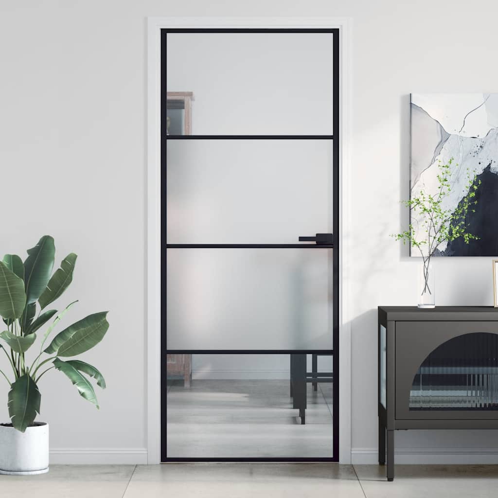 Porte intérieure fine noire en verre et aluminium 83x201,5 cm 