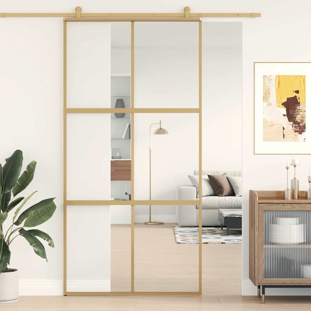 Puerta Corredera Dorada de Vidrio ESG Transparente y Aluminio 102,5 x 205 cm
