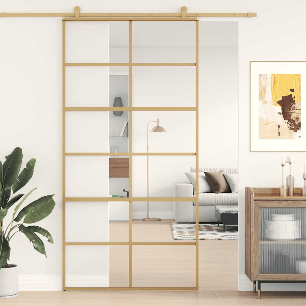 Puerta Corredera Dorada de Vidrio ESG Transparente y Aluminio 102,5 x 205 cm