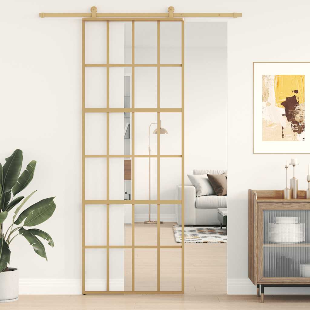 Puerta Corredera Dorada de Vidrio ESG Transparente y Aluminio 76x205cm