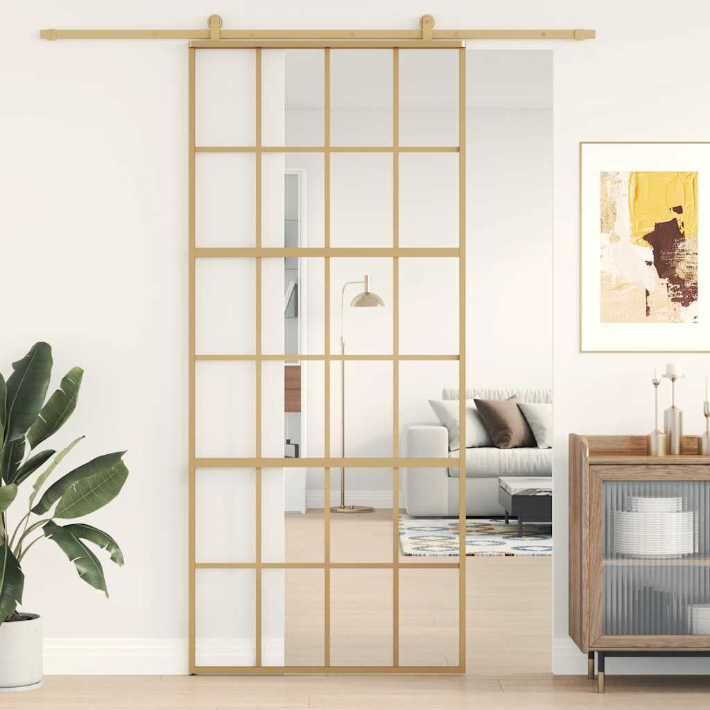 Puerta Corredera Dorada de Vidrio ESG Transparente y Aluminio 90 x 205 cm