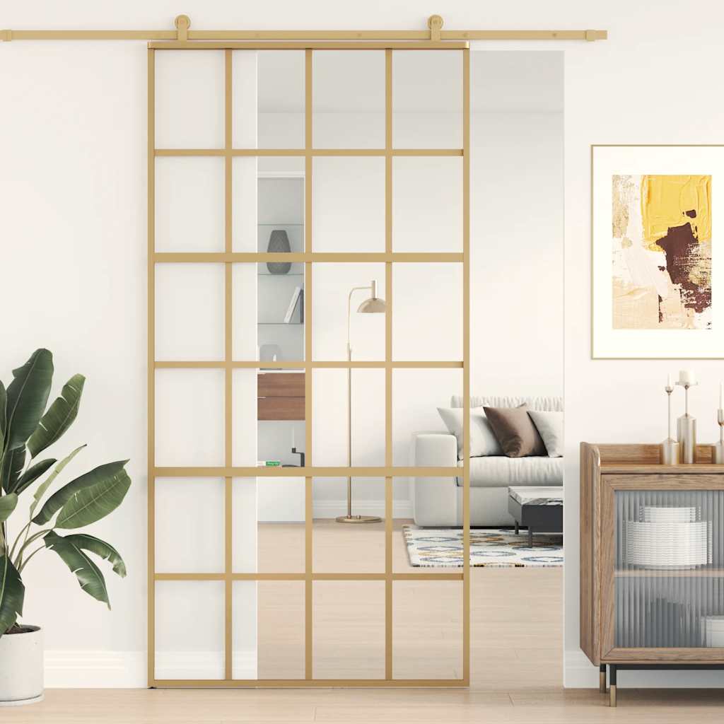 Puerta Corredera de Vidrio ESG Transparente y Aluminio Dorado 102,5 x 205 cm