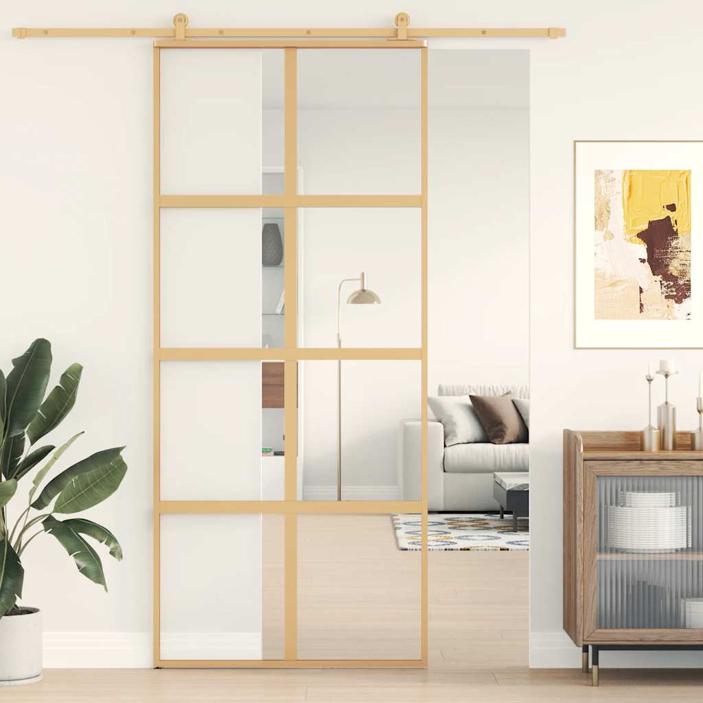 Puerta Corredera Dorada de Vidrio ESG Transparente y Aluminio 90 x 205 cm
