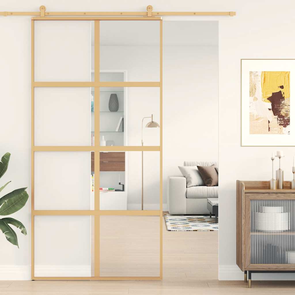 Puerta Corredera de Vidrio ESG Transparente y Aluminio Dorada 102,5x205cm