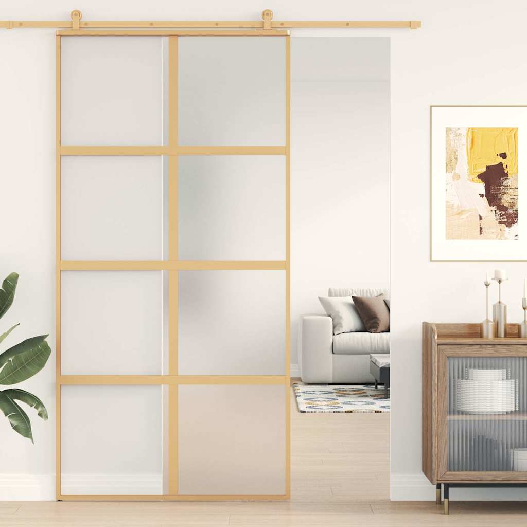 Porte coulissante dorée en verre ESG dépoli et aluminium 