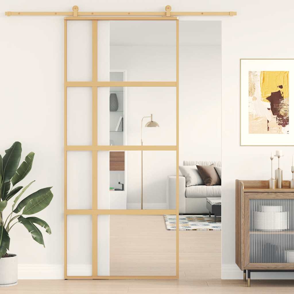 Puerta Corredera de Vidrio ESG Transparente y Aluminio Dorado 90x205cm