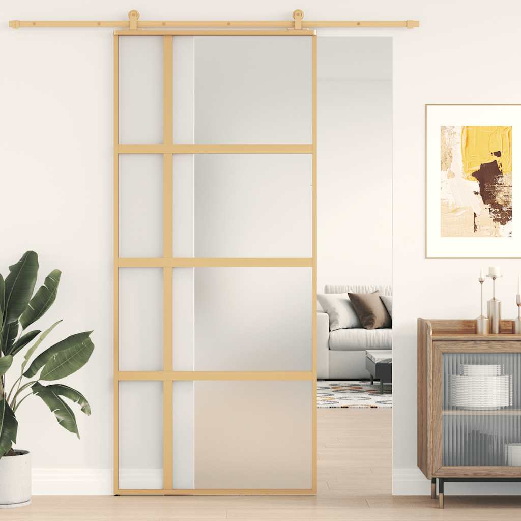 Porte coulissante dorée en verre ESG dépoli en aluminium 90x205cm 