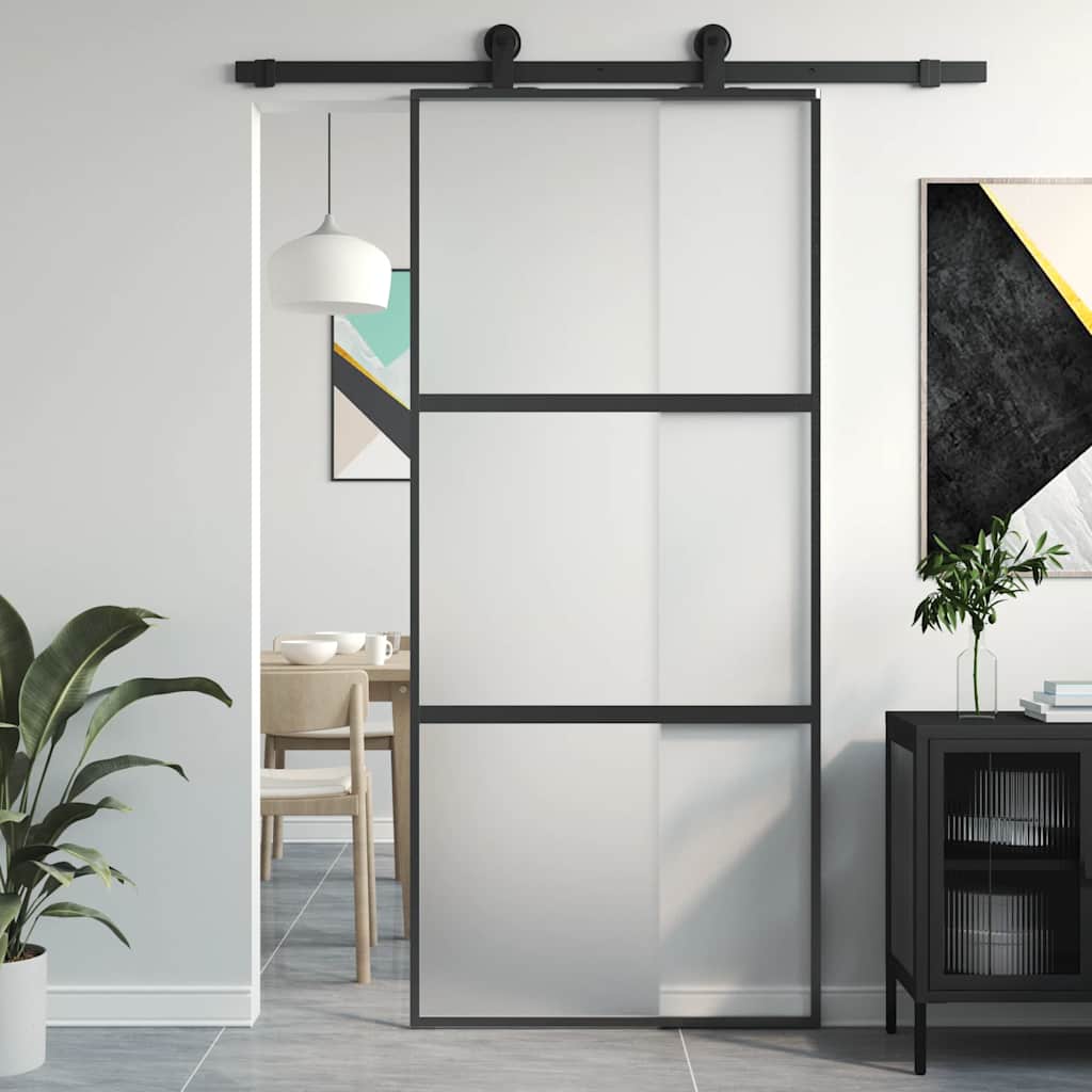 Puerta Corredera Vidrio Templado y Aluminio Negra 90x205 cm