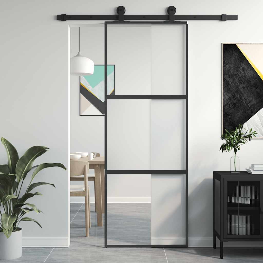 Puerta Corredera Vidrio Templado y Aluminio Negra 76x205 cm