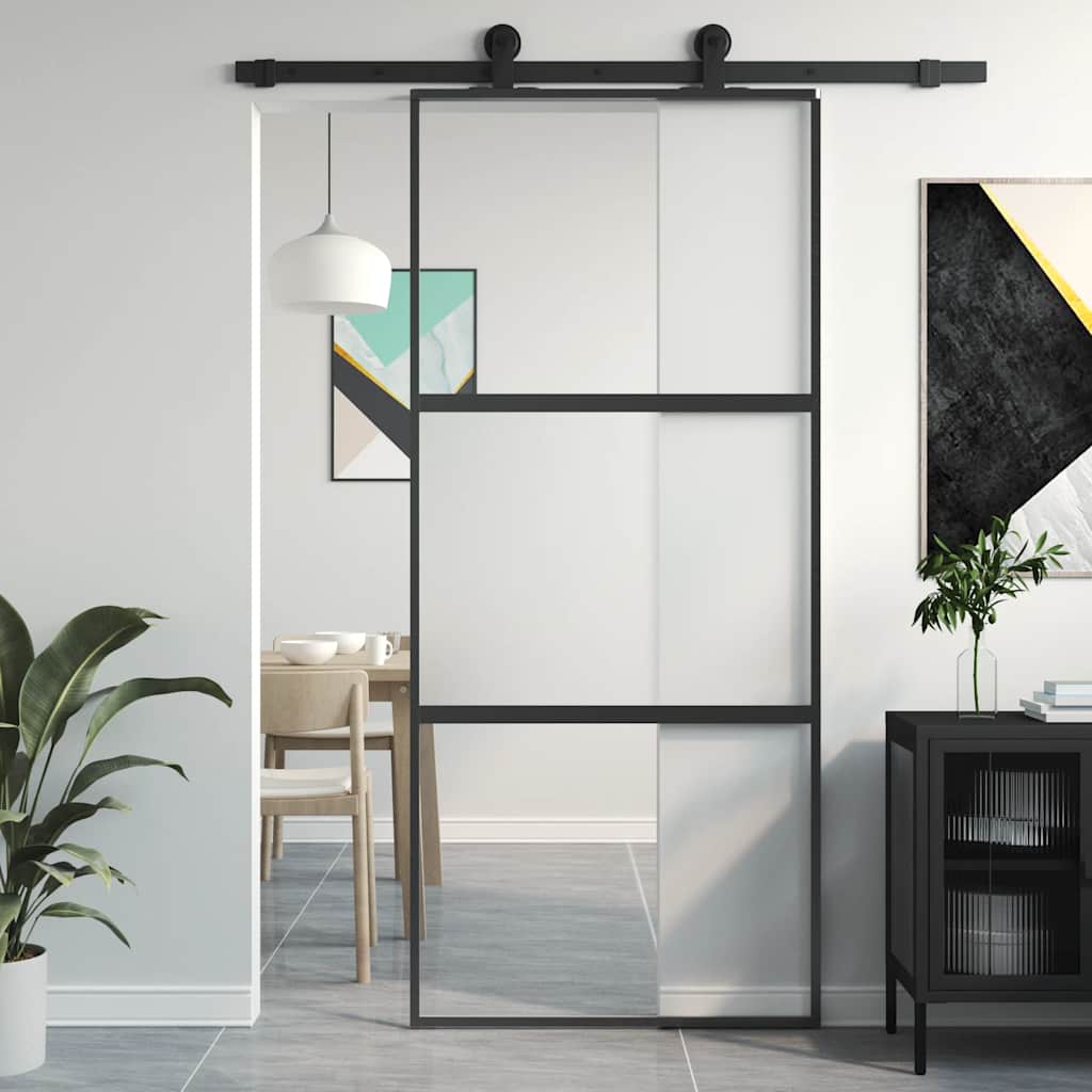 Puerta Corredera Vidrio Templado y Aluminio Negra 90x205 cm