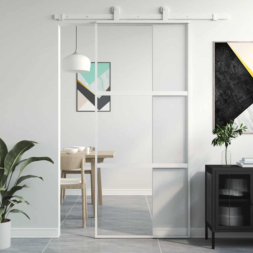 Puerta Corredera Vidrio Templado y Aluminio Blanca 90x205 cm