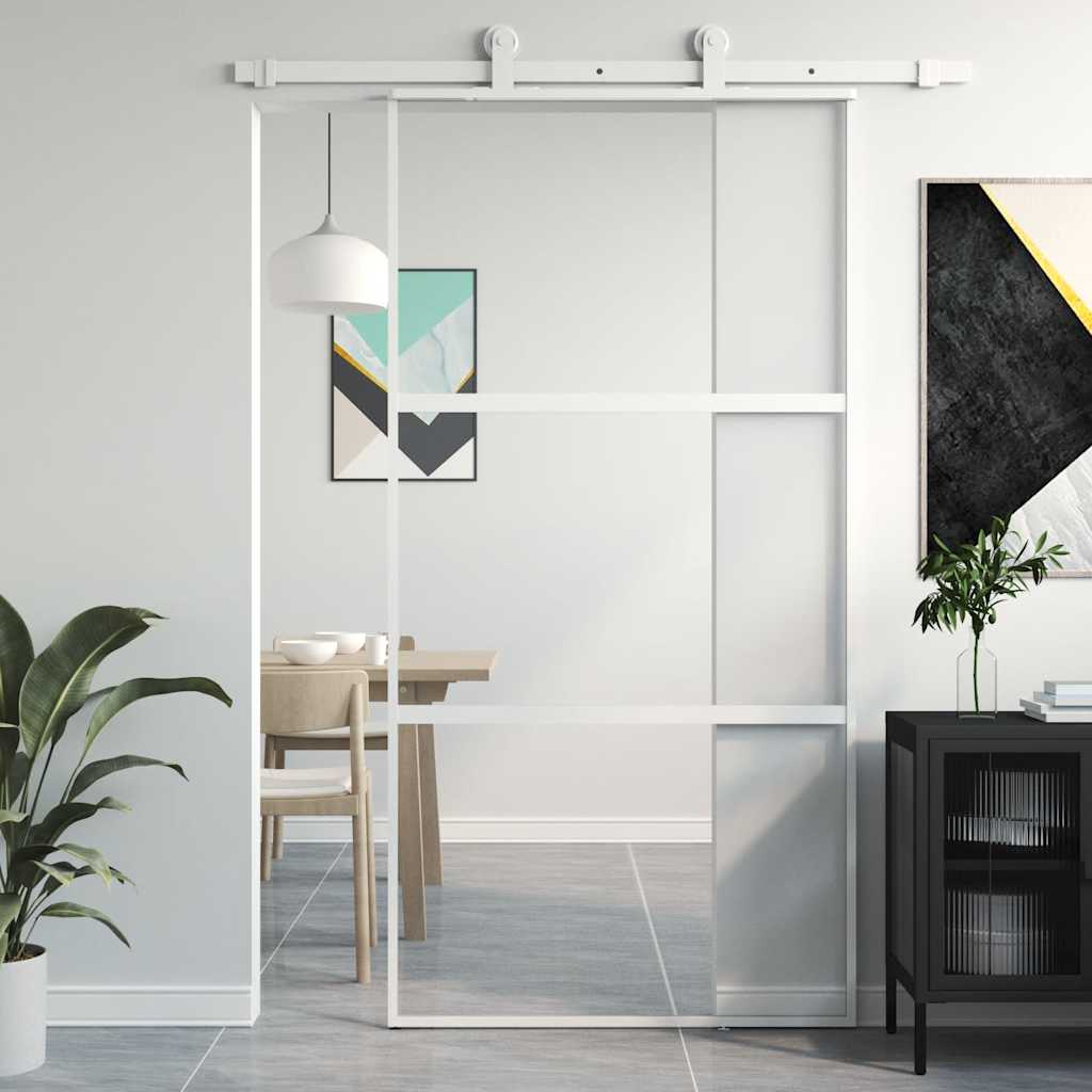 Porte coulissante en verre trempé et aluminium blanche 102,5x205 cm 