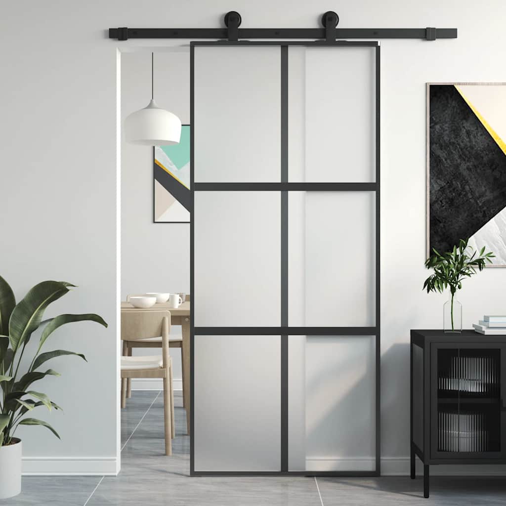 Puerta Corredera Vidrio Templado y Aluminio Negra 90x205 cm