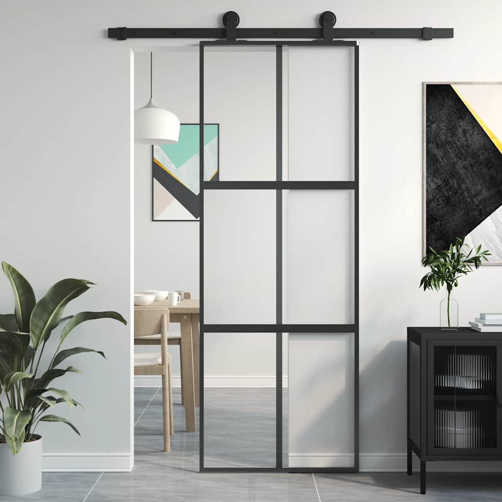 Puerta Corredera Vidrio Templado y Aluminio Negra 76x205 cm