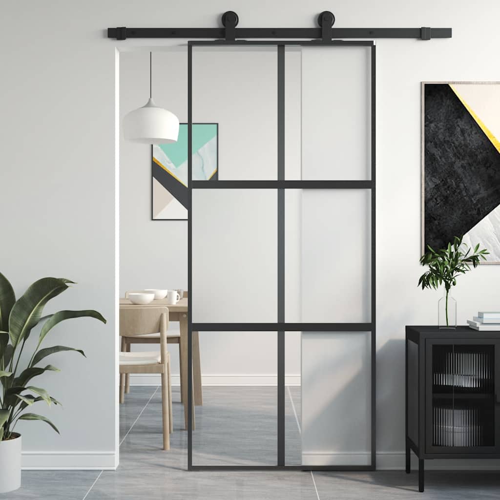 Puerta Corredera Vidrio Templado y Aluminio Negra 90x205 cm