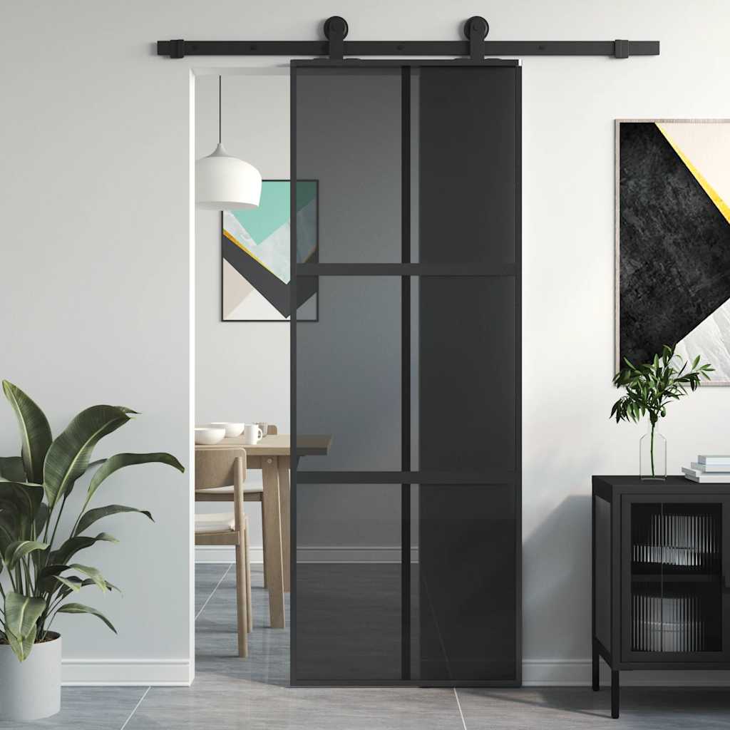 Puerta Corredera Vidrio Templado y Aluminio Negra 76x205 cm