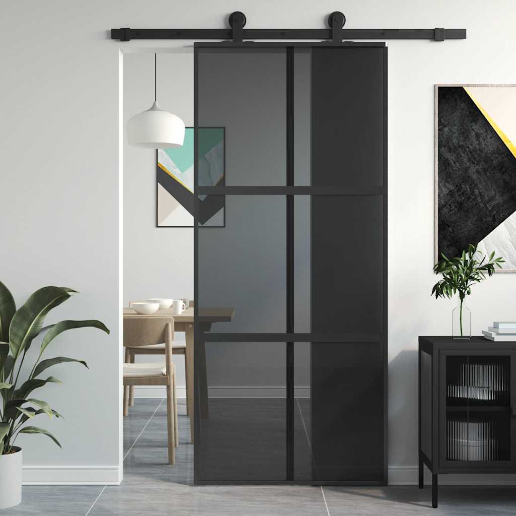 Puerta Corredera Vidrio Templado y Aluminio Negra 90x205 cm