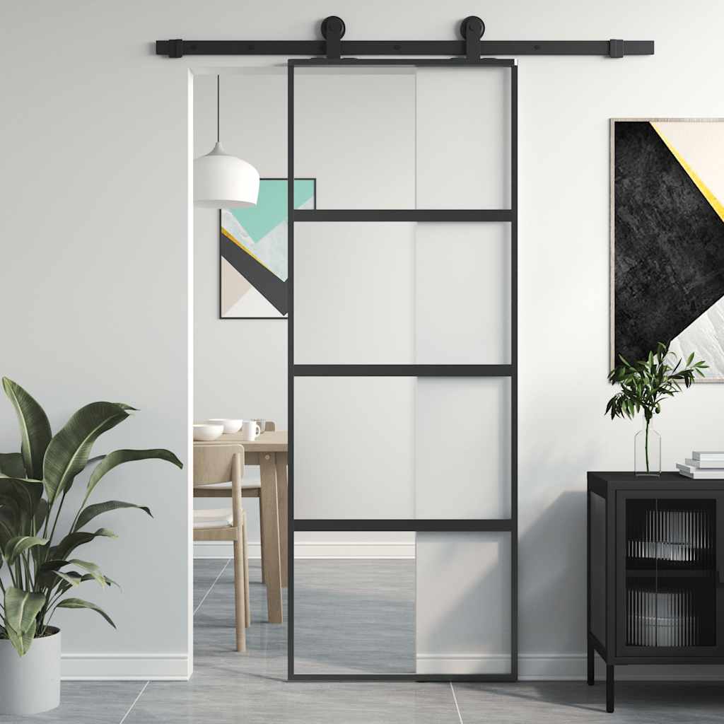 Puerta Corredera Vidrio Templado y Aluminio Negra 76x205 cm