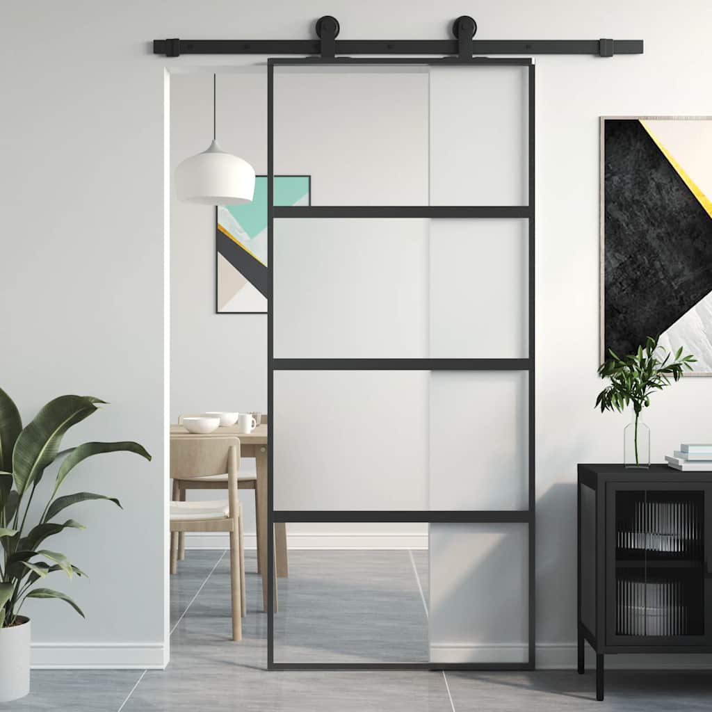 Puerta Corredera Vidrio Templado y Aluminio Negra 90x205 cm