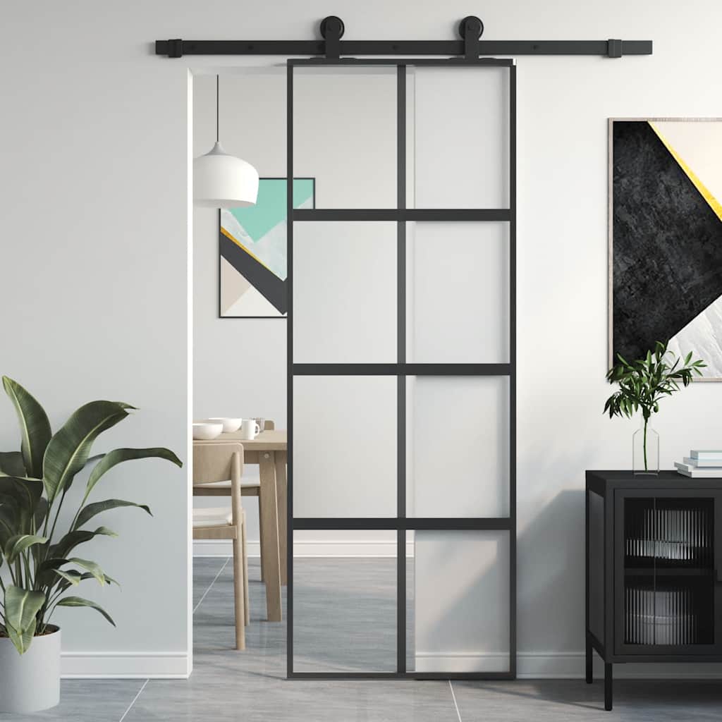 Puerta Corredera Vidrio Templado y Aluminio Negra 76x205 cm