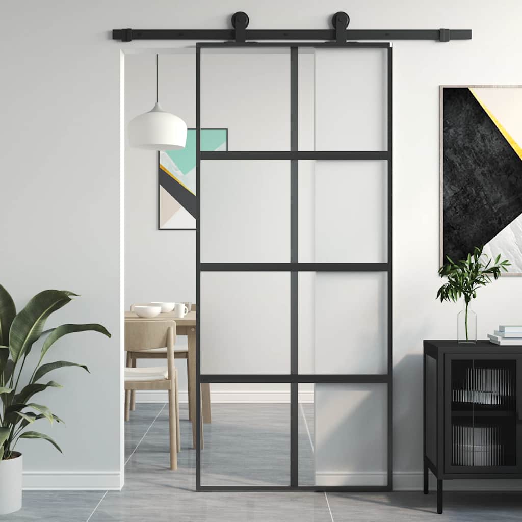 Puerta Corredera Vidrio Templado y Aluminio Negra 90x205 cm