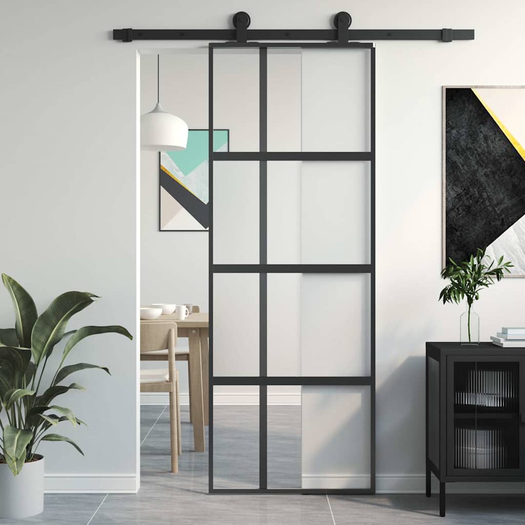 Puerta Corredera Vidrio Templado y Aluminio Negra 76x205 cm