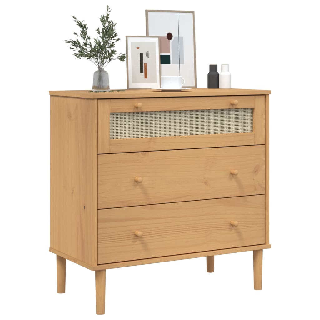 Commode SENJA aspect rotin bois de pin massif marron 80x40x80cm - Vetonek