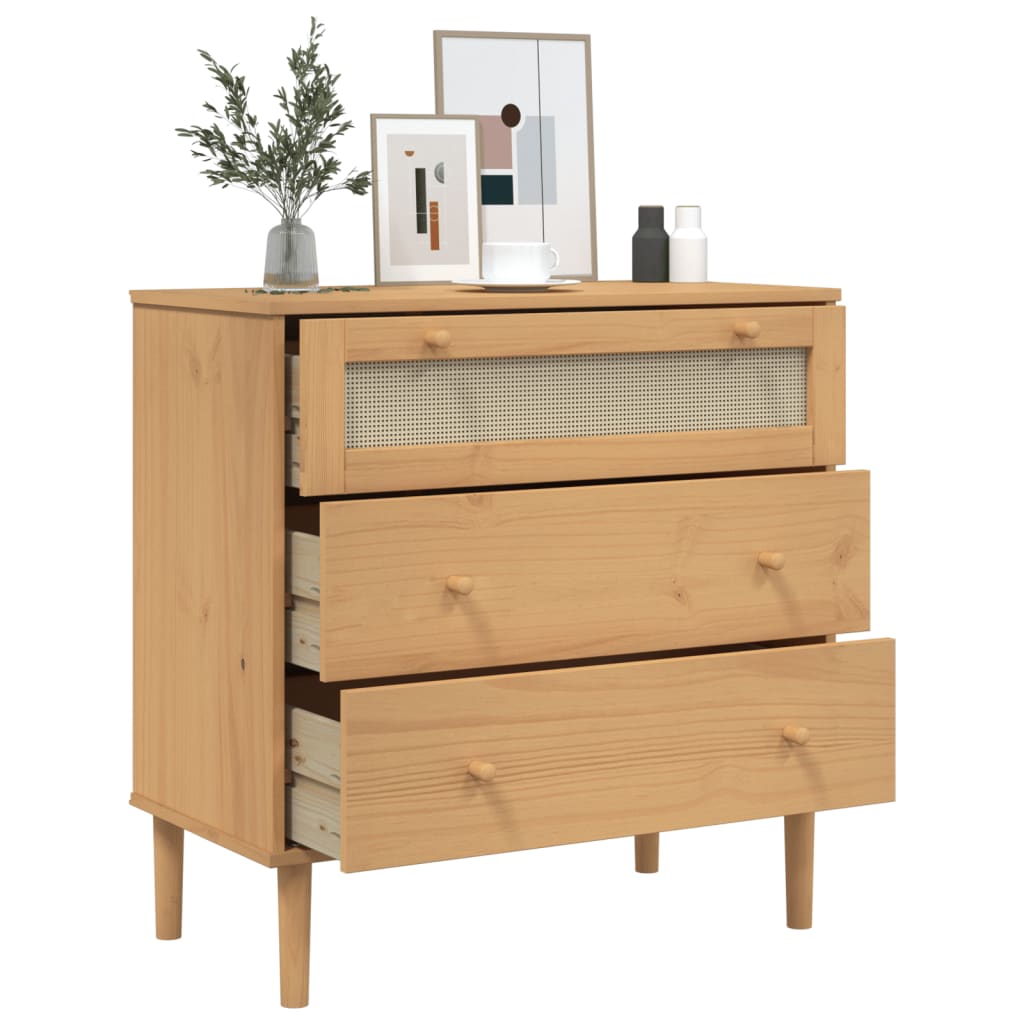 Commode SENJA aspect rotin bois de pin massif marron 80x40x80cm - Vetonek