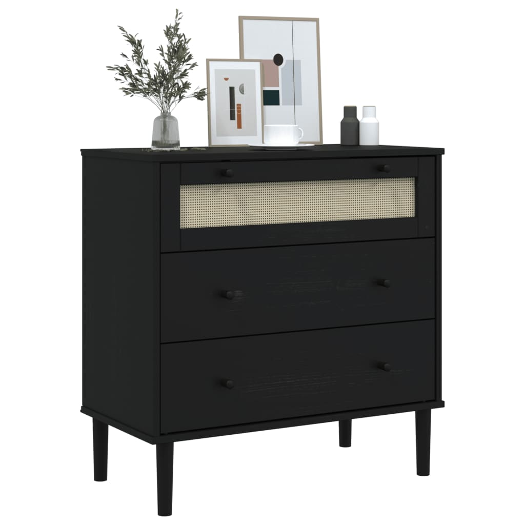 Commode SENJA aspect rotin bois de pin massif noir 80x40x80cm - Vetonek